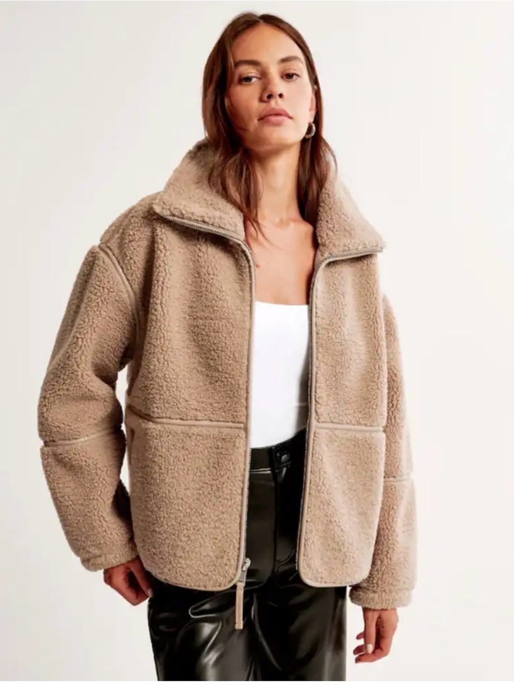 Abercrombie & Fitch Sherpa Jacket L Taupe Mock Neck Full Zip Teddy Neutral Cozy